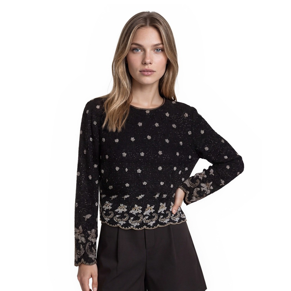 Laurence Kazar 100% Silk Beaded Blouse Women's Size XL Black Floral Sequin Top